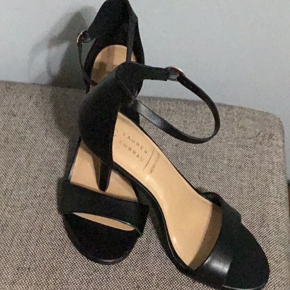 LC Lauren Conrad Black Leather Ankle-Strap Open-Toe Heels, Size 9.5.